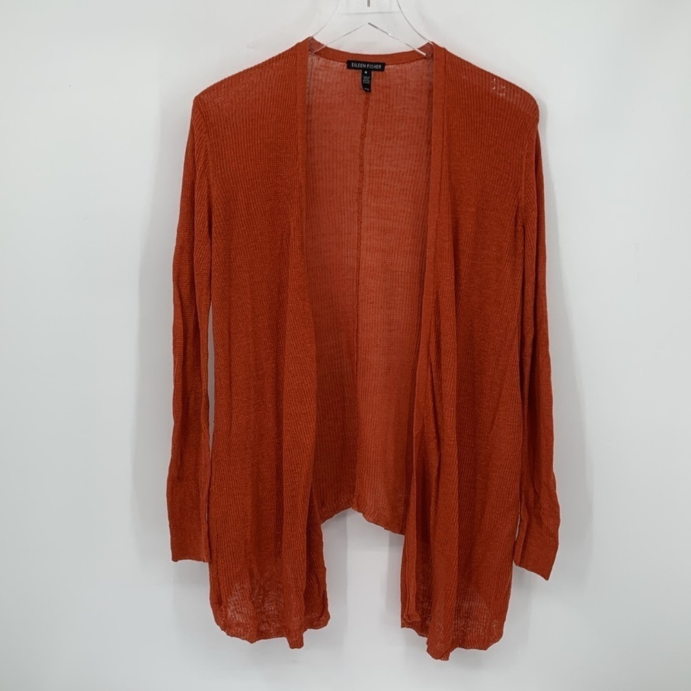 Eileen Fisher Open front cardigan sweater rust orange linen blend shawl collar M